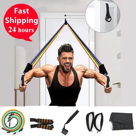 11pcs Fitness Resistance Bands Set Workout Exercise Tube Bands with Door Anchor Ankle